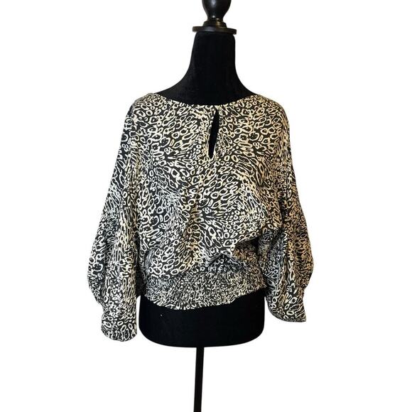 Michael Kors 100% Silk Blouse M | Black White Animal Print Balloon Sleeve Top - Picture 1 of 9